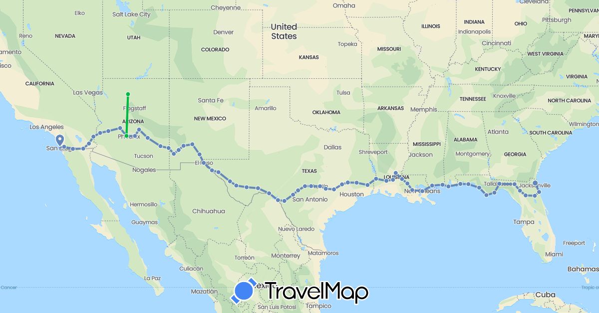 TravelMap itinerary: driving, bus, cycling in United States (North America)