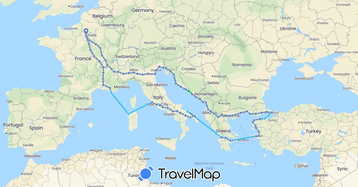 TravelMap itinerary: driving, bus, cycling, boat in Albania, France, Greece, Croatia, Italy, Montenegro, Turkey (Asia, Europe)