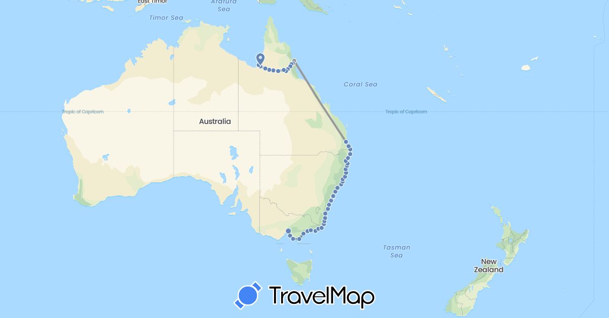 TravelMap itinerary: driving, plane, cycling in Australia (Oceania)
