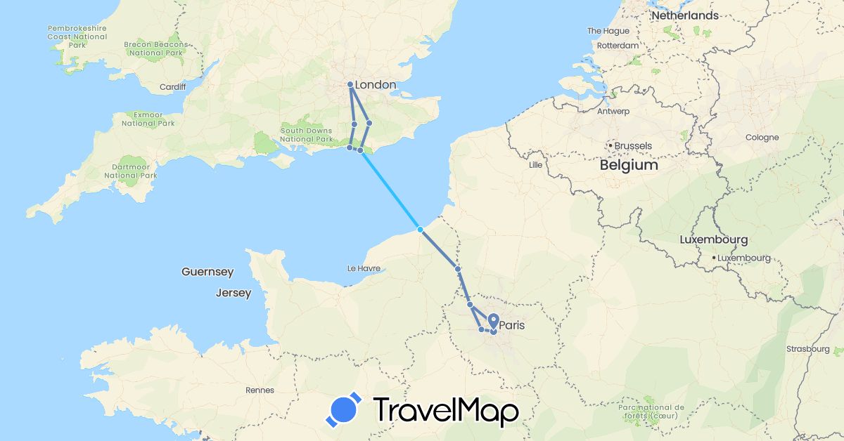 TravelMap itinerary: cycling, boat in France, United Kingdom (Europe)